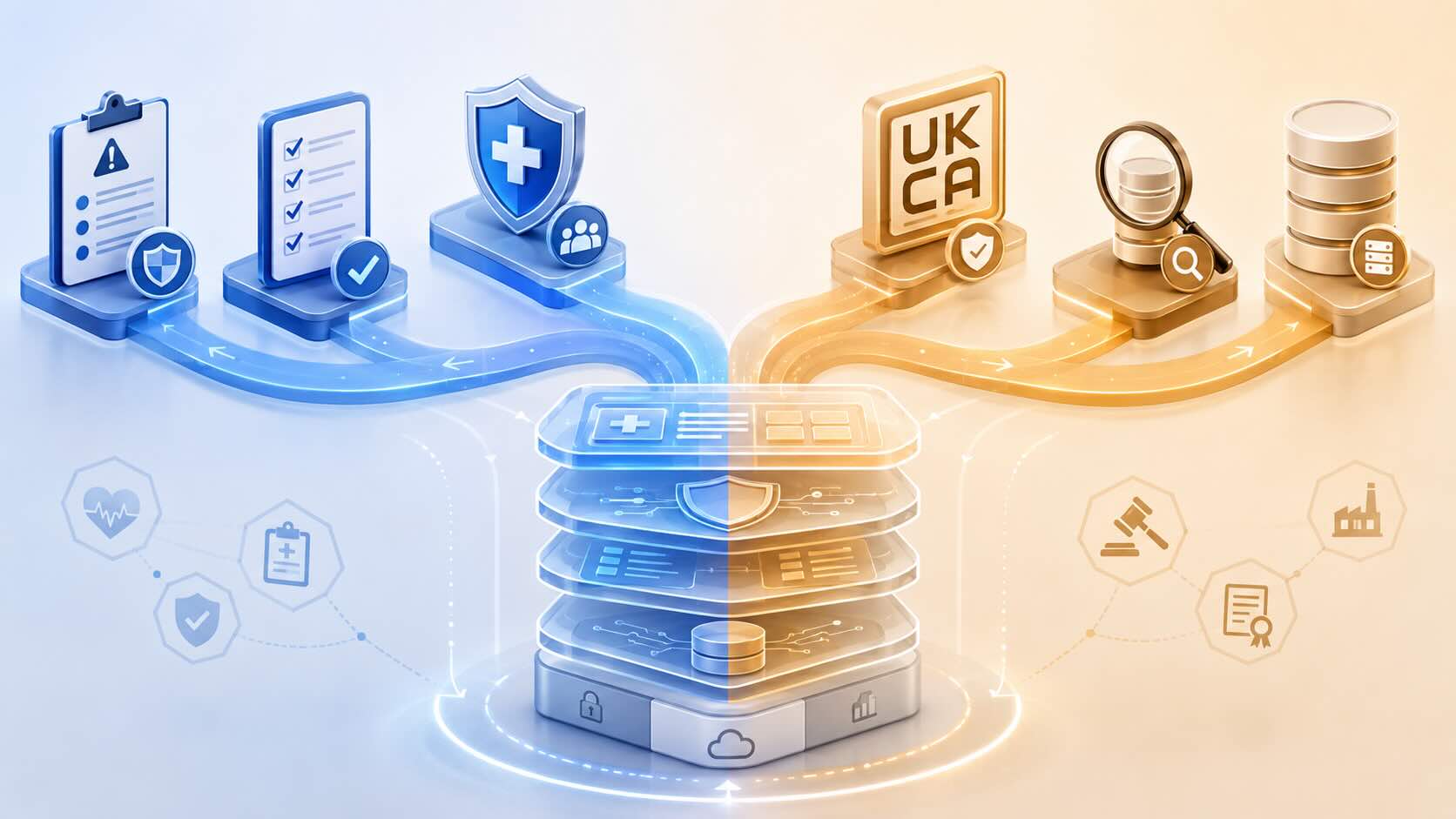 Practice manager comparing DCB0160 and MHRA medical-device requirements at a desk
